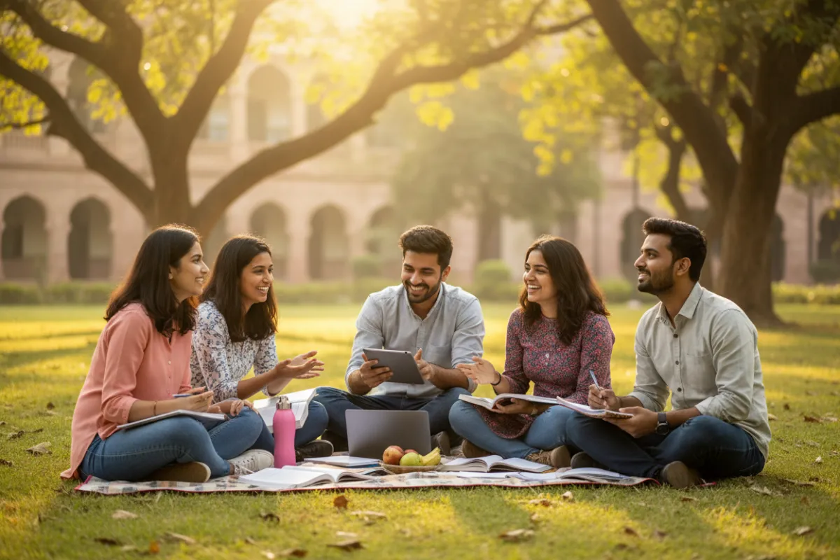 Diverse students in a classroom, warm optimistic tone