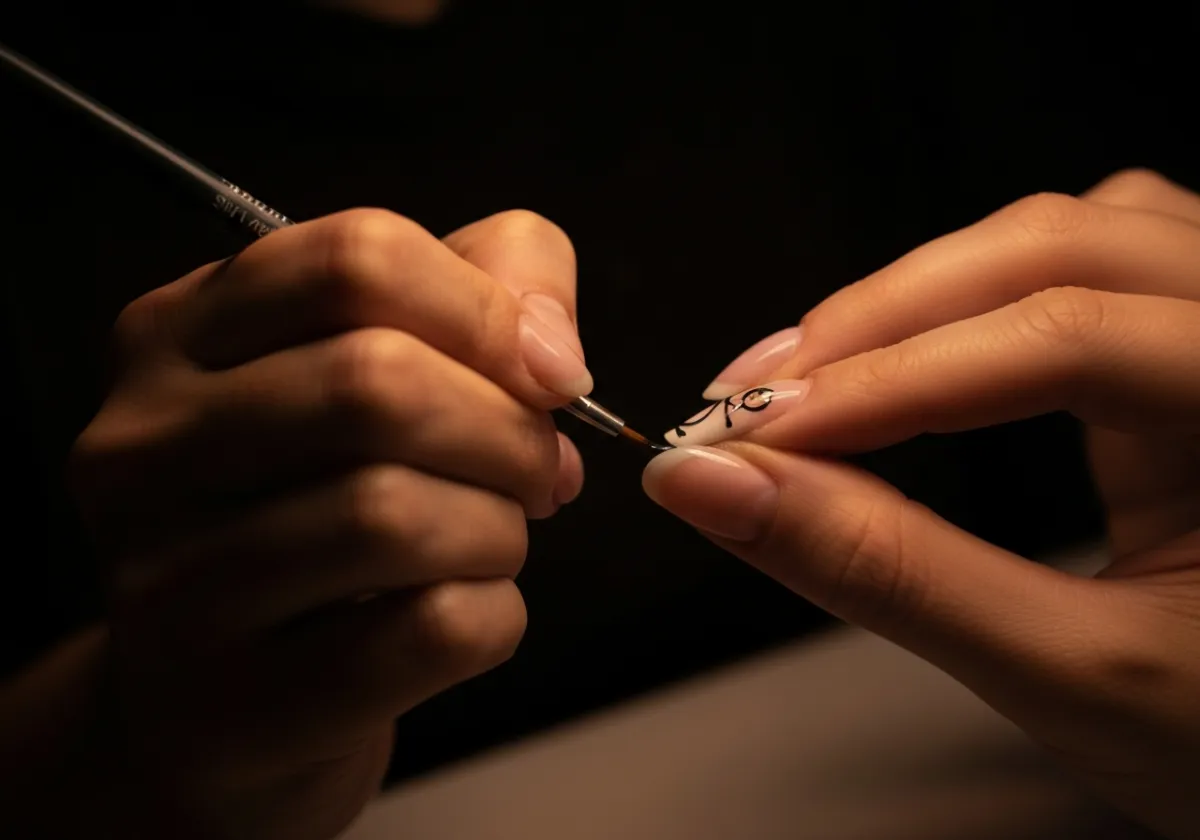 Nail artist meticulously painting a detailed design