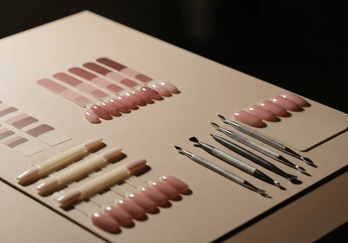 Nail consultation displaying color swatches and tools