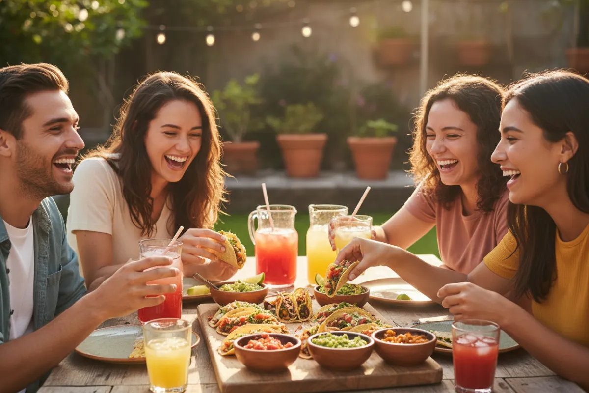 Grupo de amigos riendo y compartiendo tacos en una mesa al aire libre bañada por el sol, con salsas y bebidas coloridas.