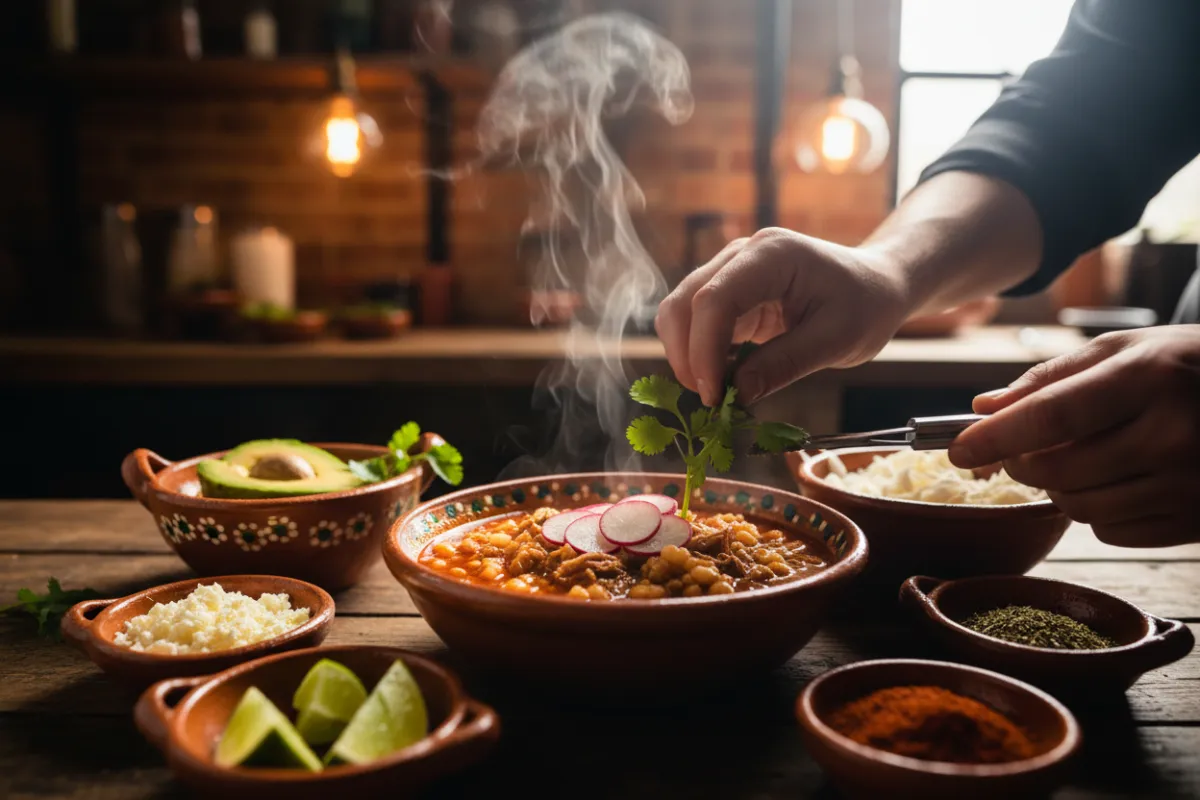 Primer plano de las manos de un chef decorando artísticamente un tazón humeante de pozole casero, con pequeños cuencos de guarniciones en una cocina cálida.