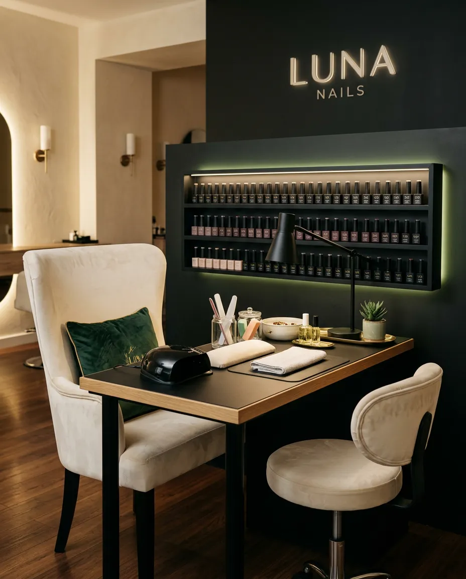 Elegant and modern interior of Shonna's Nails and More salon in Vicksburg, MS
