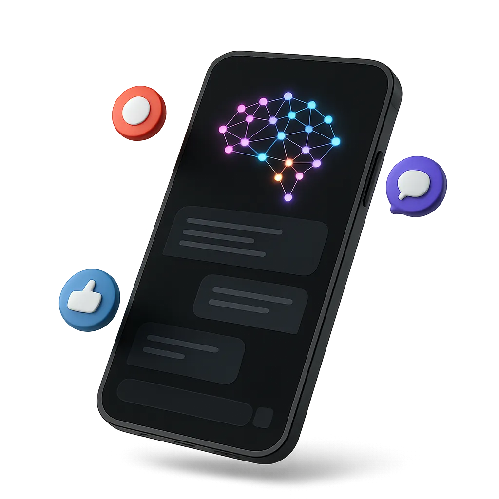 A sleek, futuristic 3D smartphone mockup hovering slightly, displaying a sleek dark-mode AI chat interface