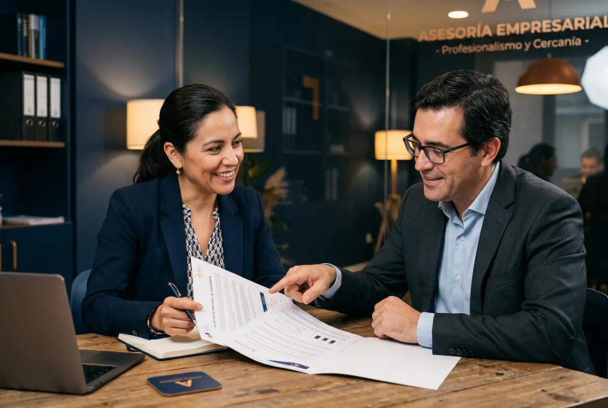 Gestora hispana atendiendo cordialmente a empresario en español