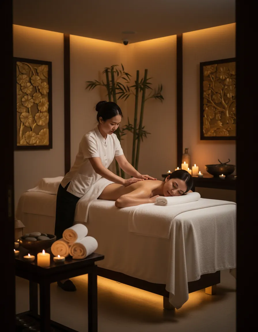 Calm spa environment with warm lighting and clean towels