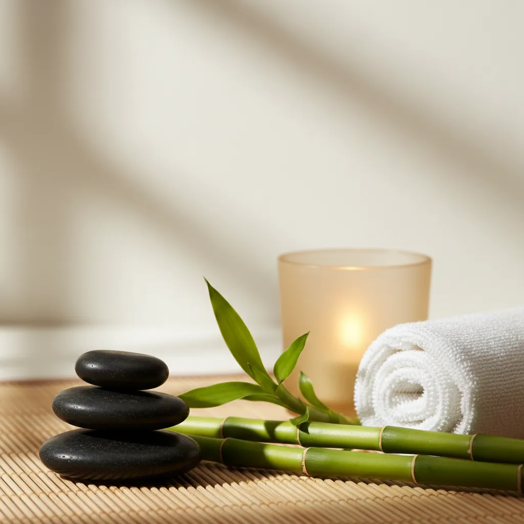 Spa relaxation scene with bamboo and stones