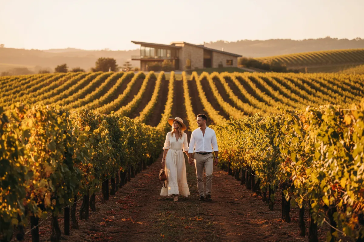 Pareja caminando entre vides, luz dorada y sensación de calma