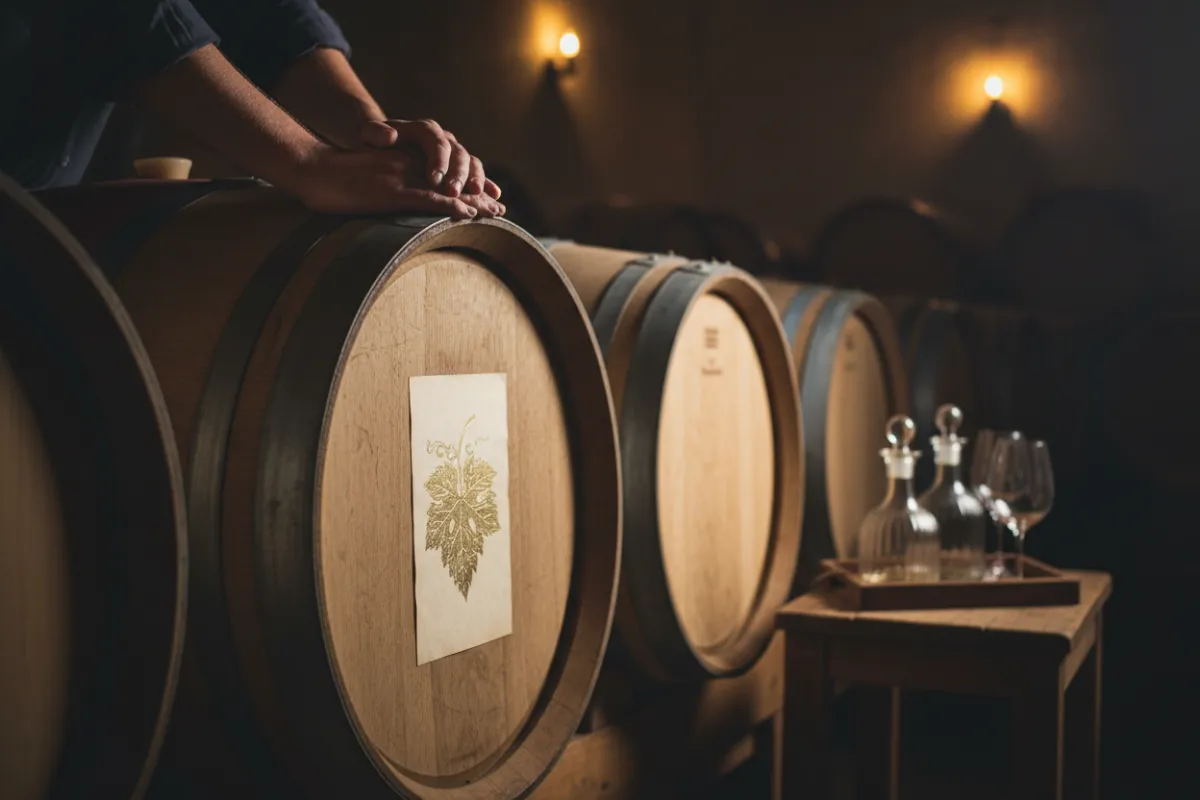 Detalle de manos sobre barricas en bodega privada