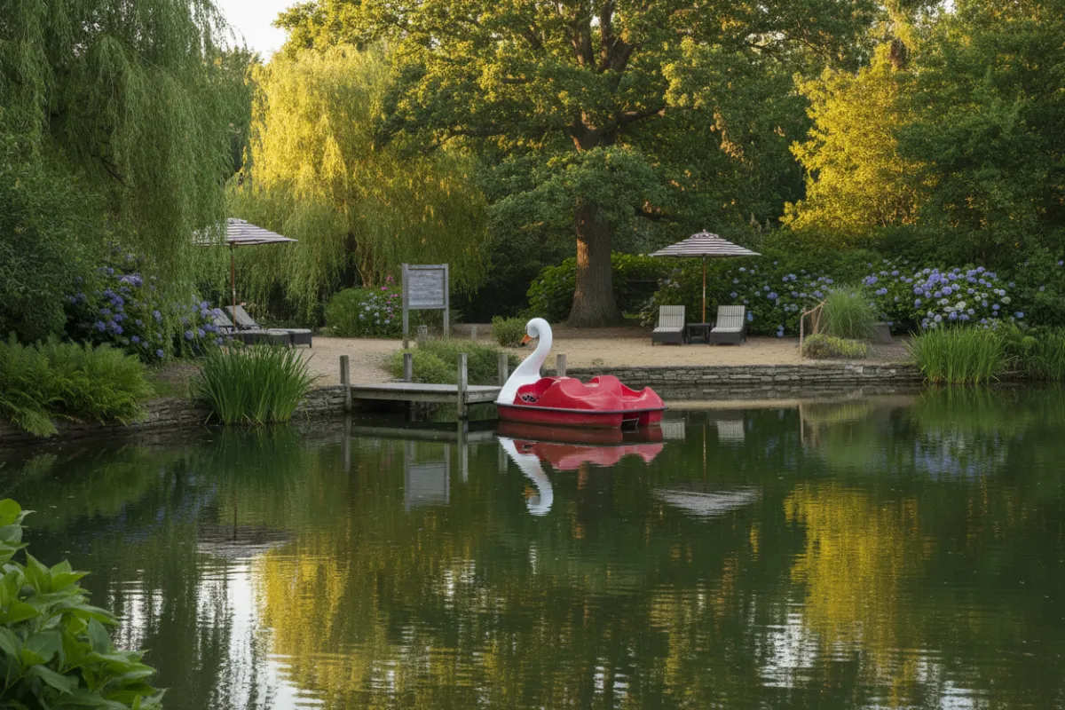Laguna recreativa con bote a pedales y vegetación
