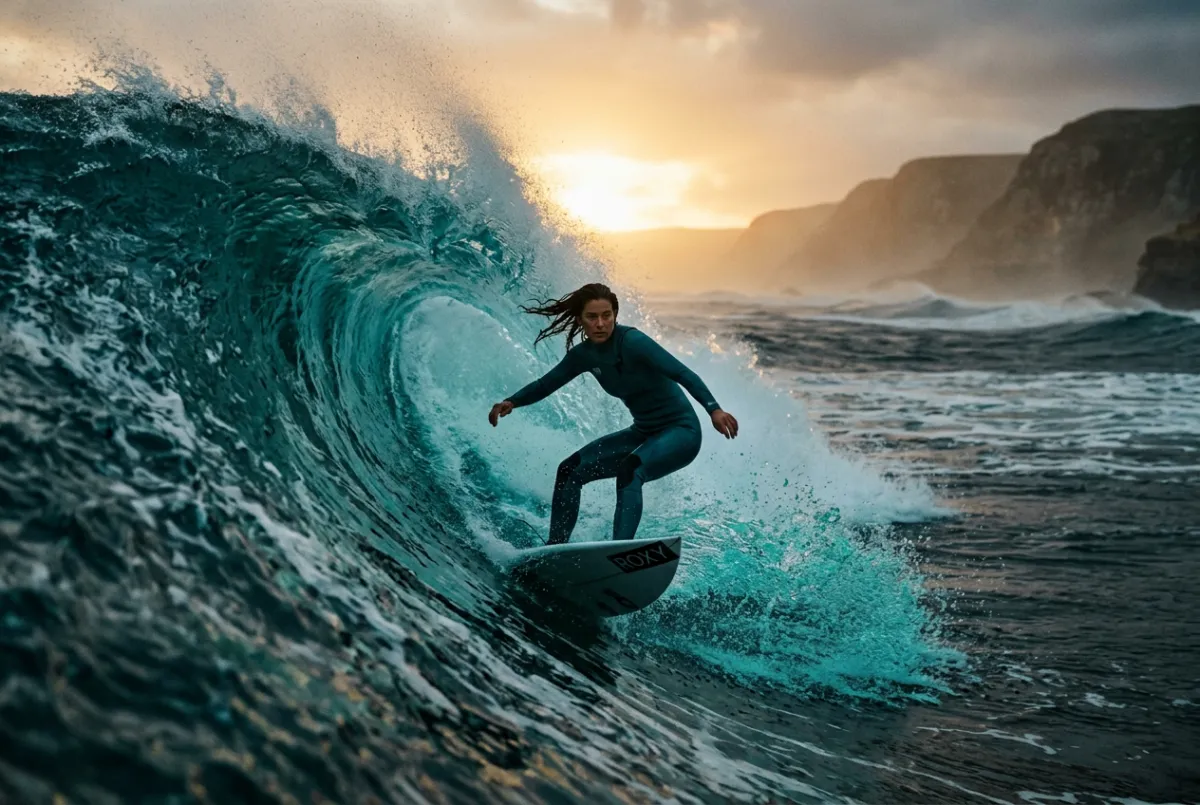 Female surf athlete carving a steep barrel section at sunrise