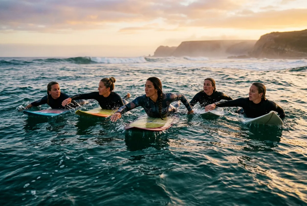 Lineup of female surf athletes paddling out together at dawn