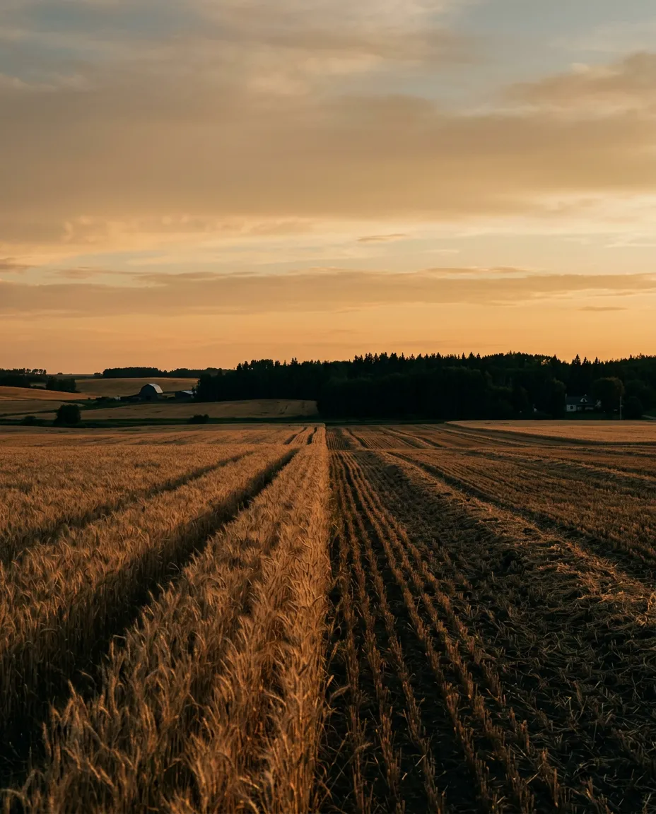 Expansive golden hour agricultural homestead and harvested fields symbolizing decades of farming legacy