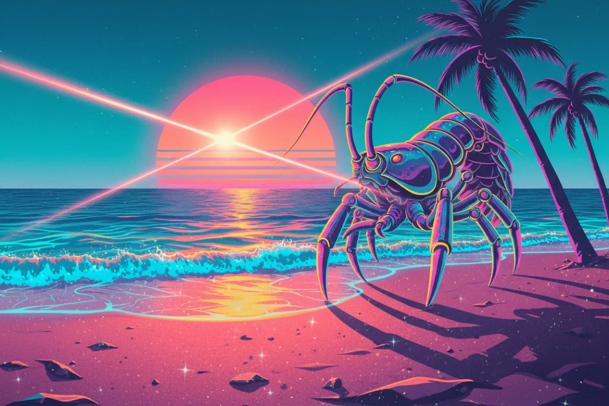 Bot Lobster hero — campy 80s beach-rock sci-fi scene with neon pink and teal accents, retro-futuristic lobster mascot and theatrical seaside vibes.
