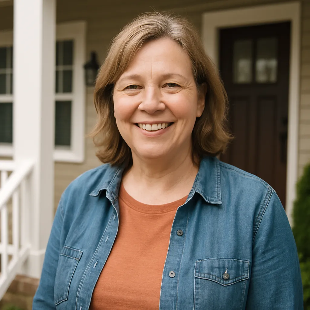 Smiling Midwestern homeowner on front porch, 1:1 portrait