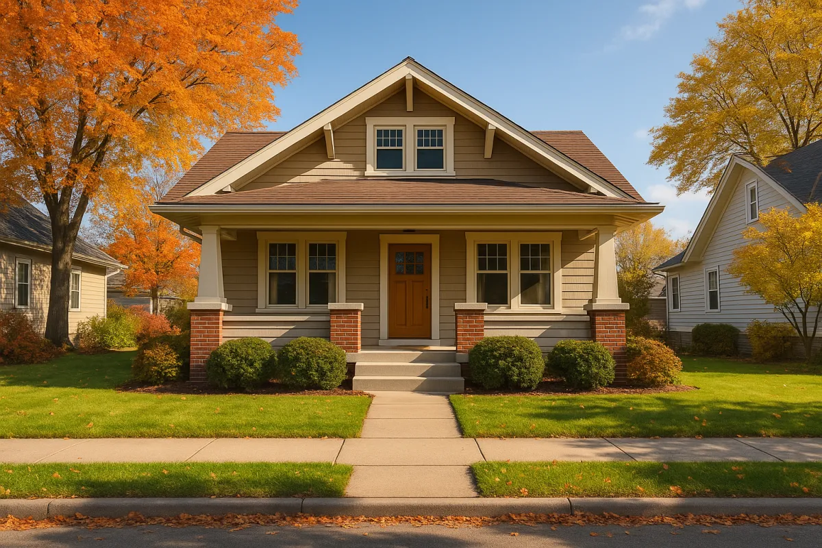 Photorealistic exterior of a classic Wisconsin bungalow with manicured lawn and fall foliage, curb appeal view.