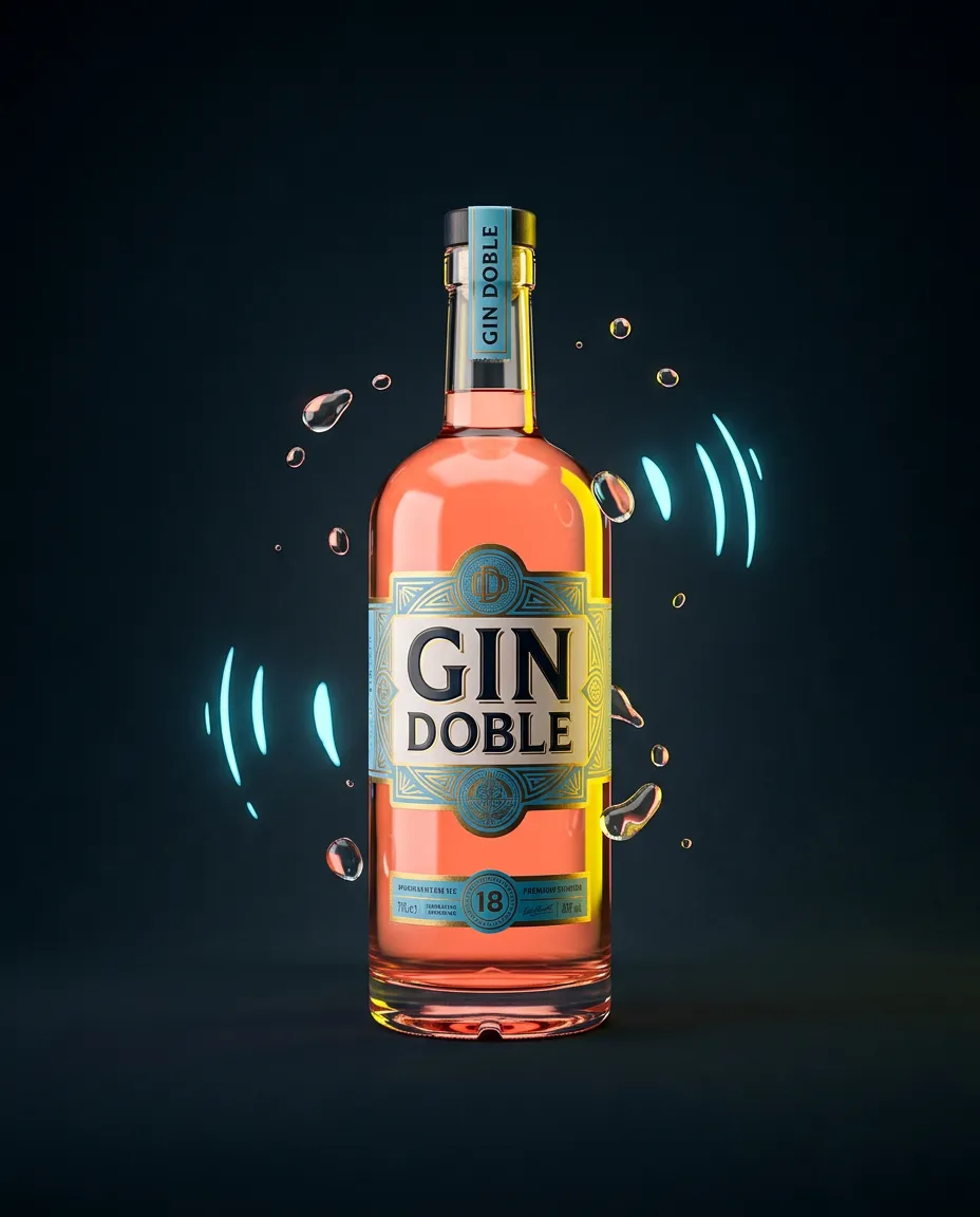 Gin Doble Flagship Flasche Premium Dry Gin kunstvoll inszeniert mit bunten Klangwellen