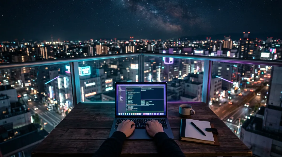 Atmosphärischer Remote-Arbeitsplatz mit Laptop auf einem Balkon unter einem klaren Sternenhimmel