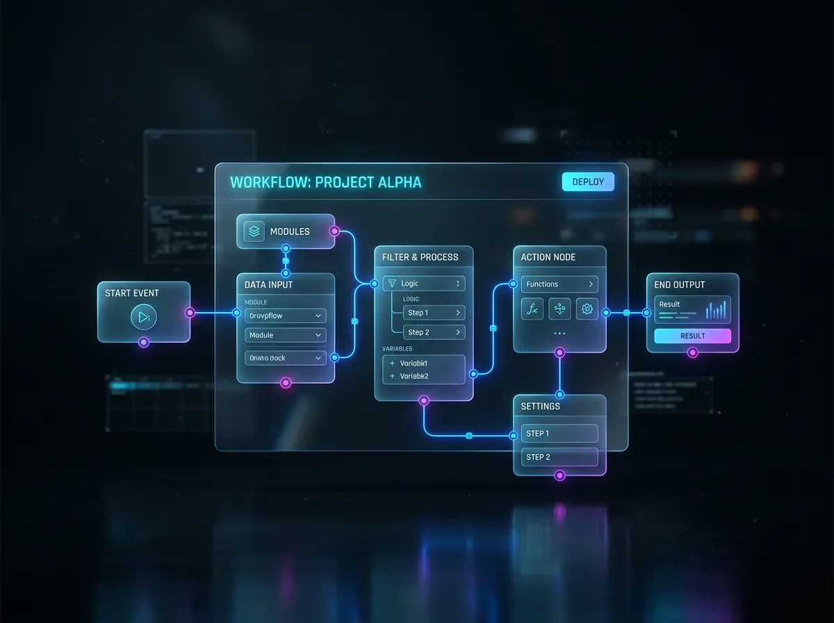 Abstrakte neonblaue Benutzeroberfläche mit modularen No-Code Workflows und automatisierten Tracking-Prozessen