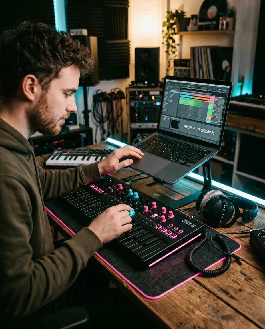 Philipp in his creative studio setup blending music gear, synthesizer, and AI laptop with atmospheric pink and cyan ambient lighting