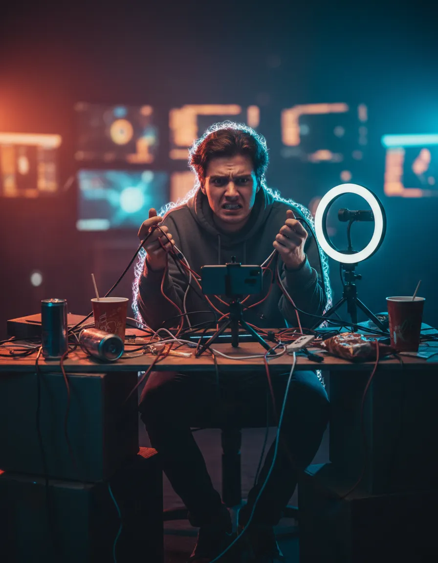 Frustrated streamer in chaotic lighting