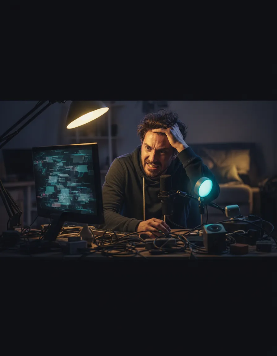 Frustrierter Content Creator in dunkler Umgebung vor schlechtem Setup