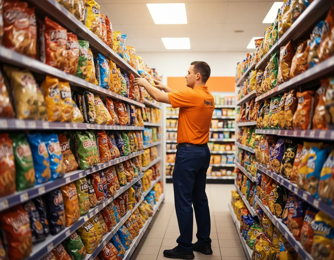 Triple S Snacks delivery driver stocking a convenience store snack display