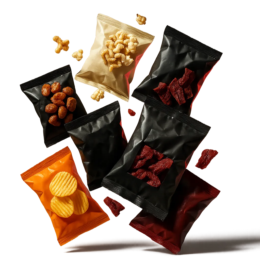 A dynamic composition of premium snack bags and jerky packages exploding upward in high definition, illuminated by sharp studio lighting with subtle red rim light.