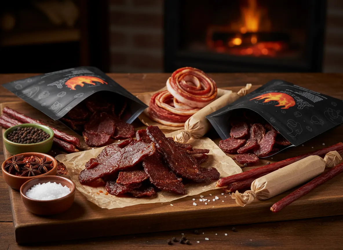 Assorted Amish Smokehouse jerky and meat snacks