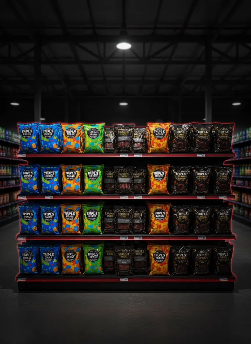 Fully stocked triple s snacks retail shelf