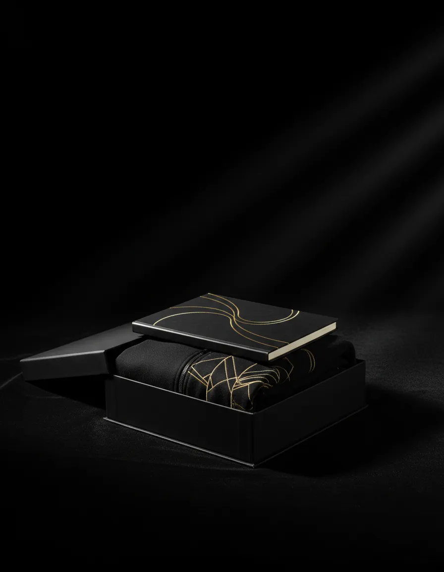 Cinematic premium event merchandise stack on dark background