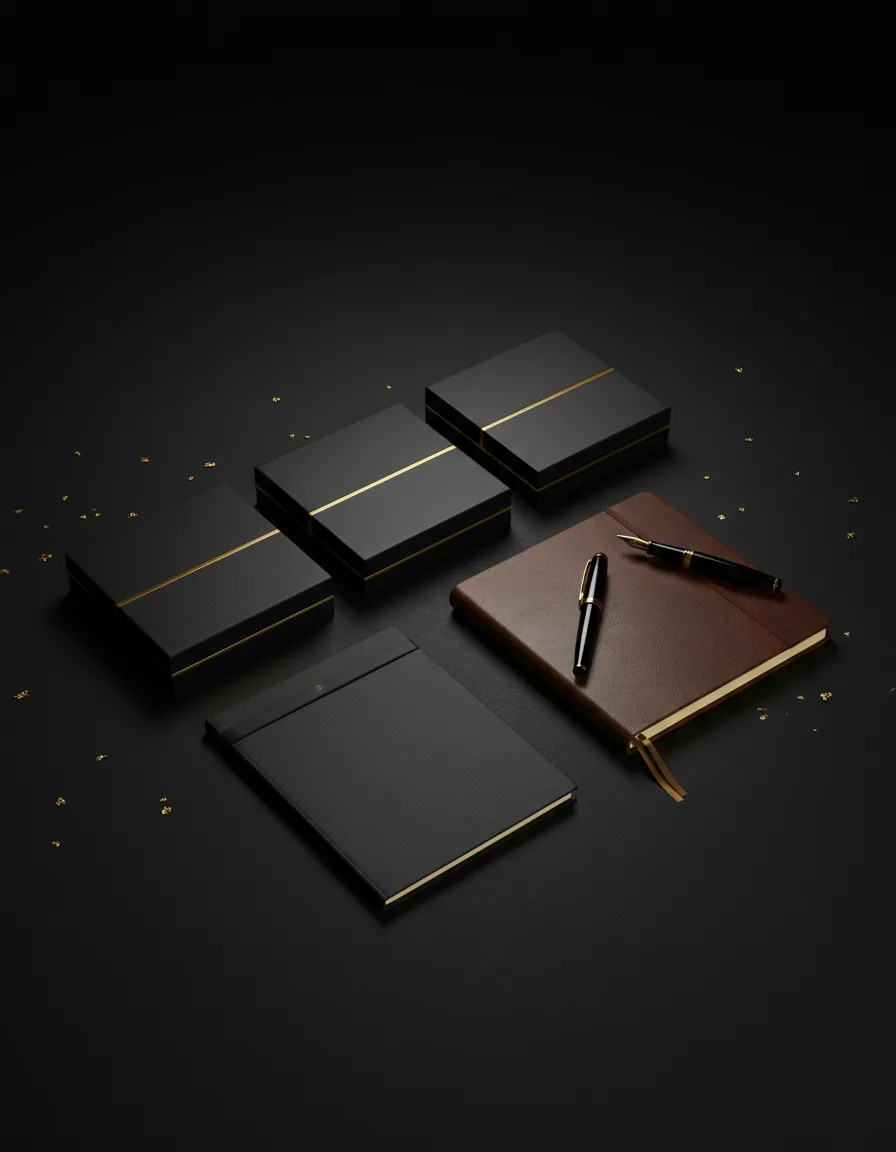 Premium branded merchandise displayed elegantly on a dark background
