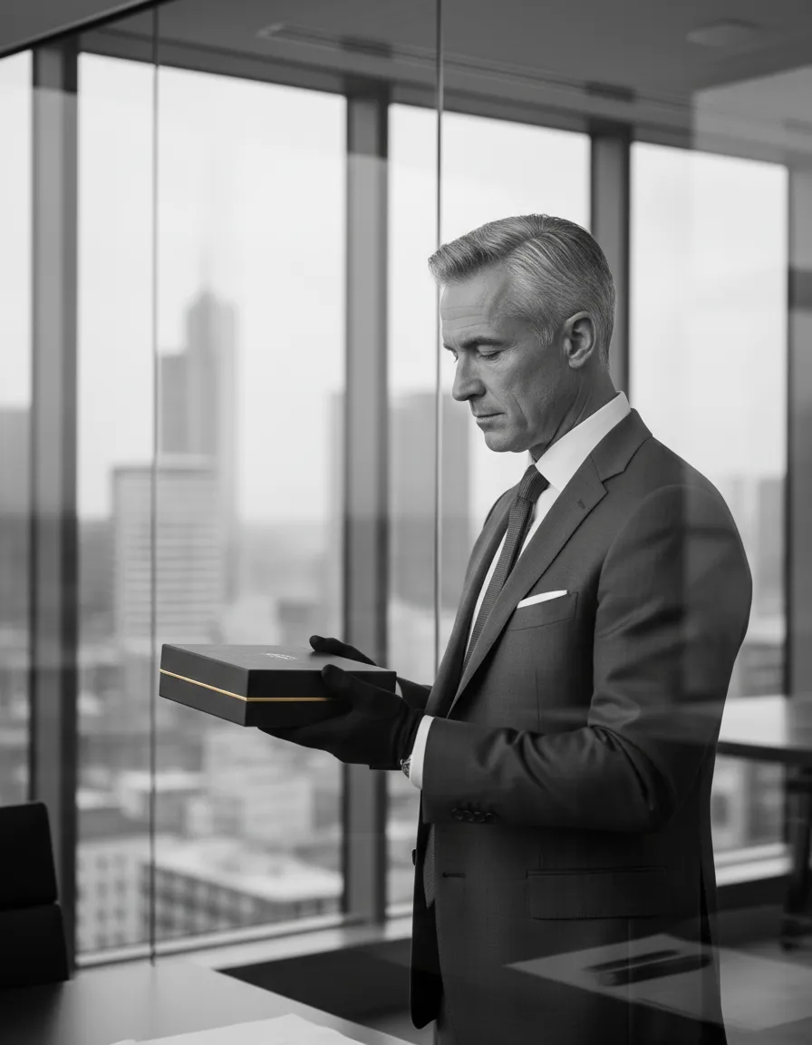 Grayscale cinematic shot of executive interacting with premium branded merchandise