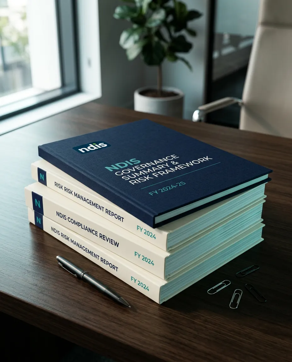 Executive NDIS risk management documents and governance summary folder laid out on a table