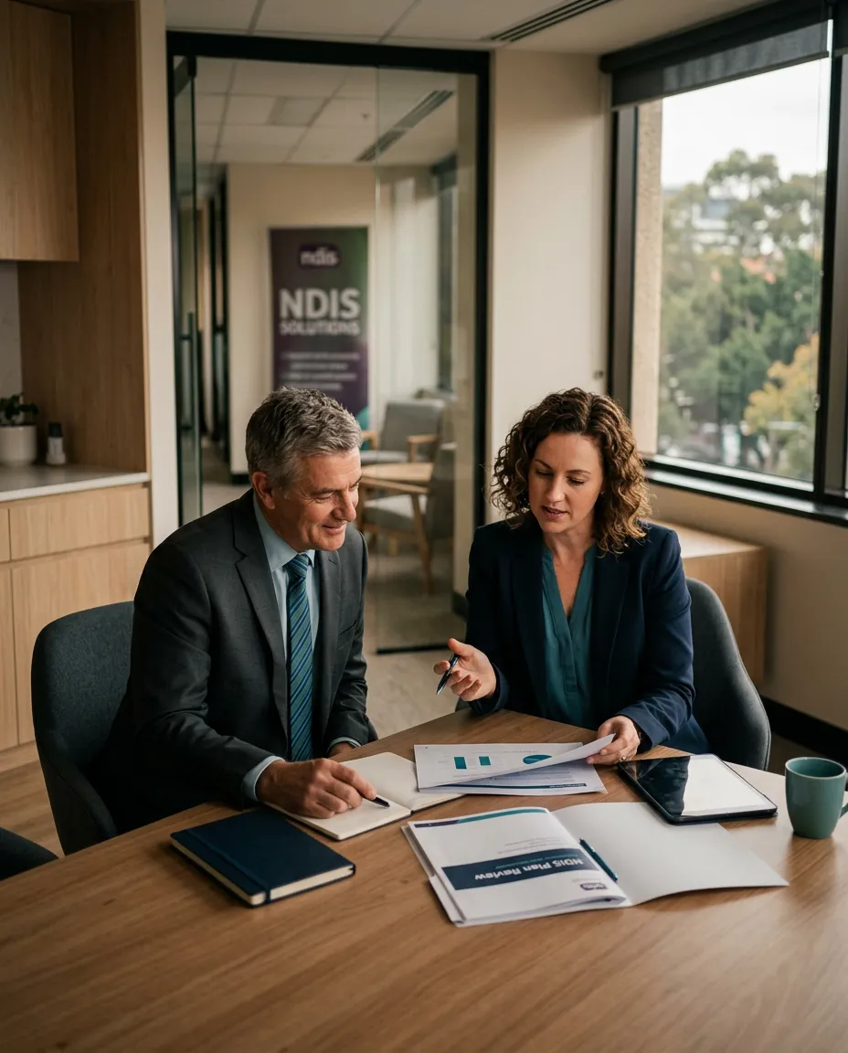 NDIS executives and governance consultants collaborating in a modern Australian office boardroom