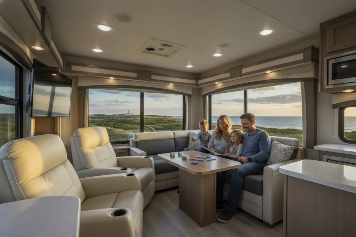 A family of four relaxes inside a spacious Class A RV, with large windows revealing a scenic Long Island landscape. The interior features plush seating and modern amenities, captured in a warm, candid style that highlights comfort and togetherness.