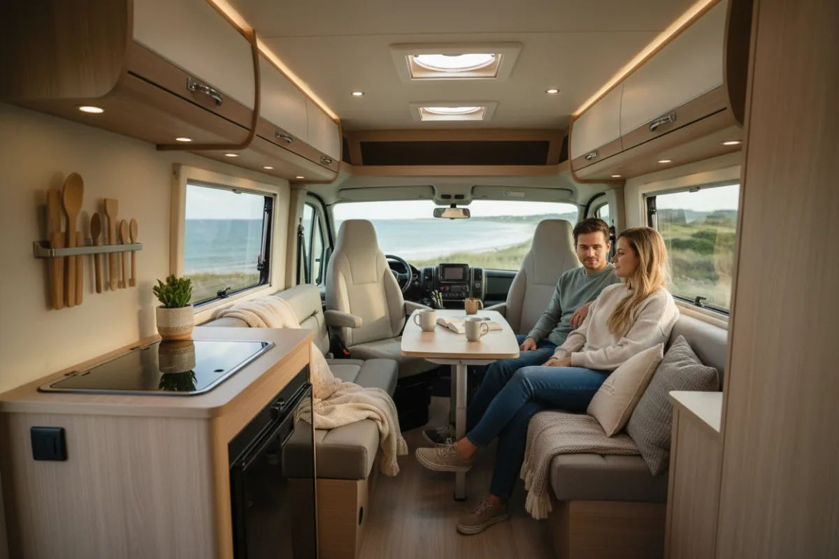 Modern Class B camper van interior with couple relaxing, swivel seats and compact galley