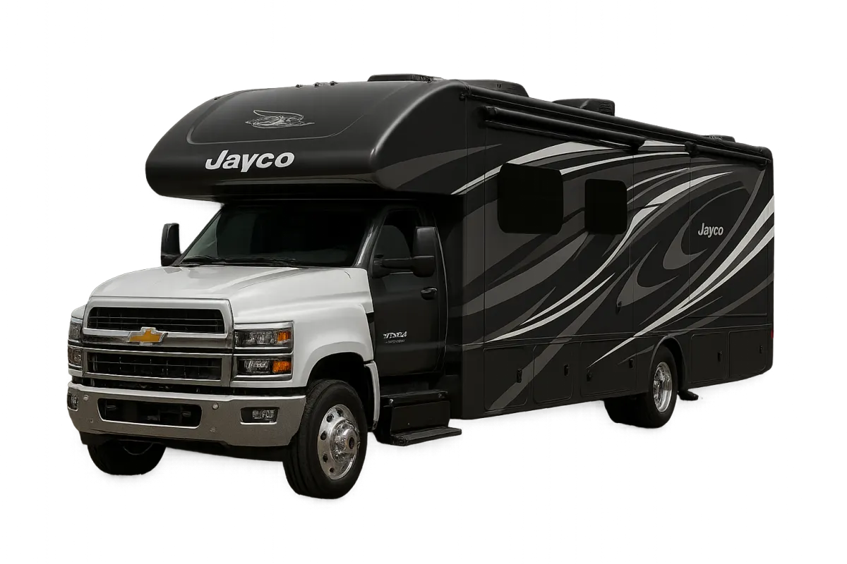 Modern Class C motorhome driving along a coastal highway, three‑quarter front view, isolated on transparent background