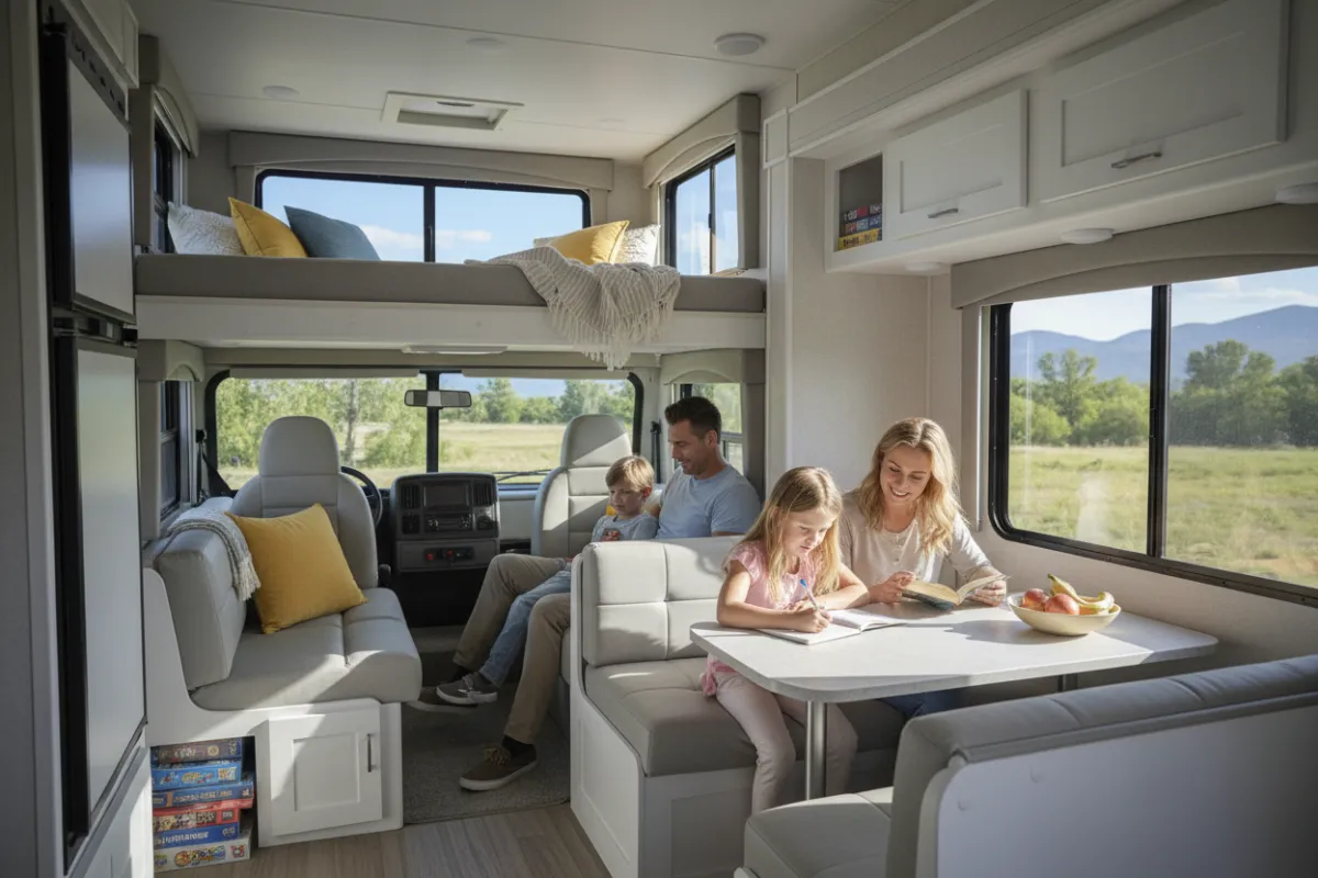 Family relaxing inside a Class C RV with cab‑over bunk visible, bright interior and large windows