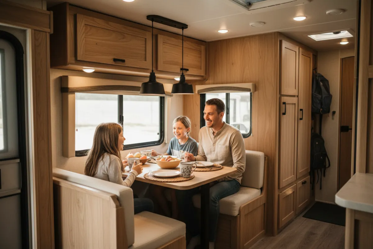 Family dining at a travel trailer dinette with warm lighting and natural wood tones