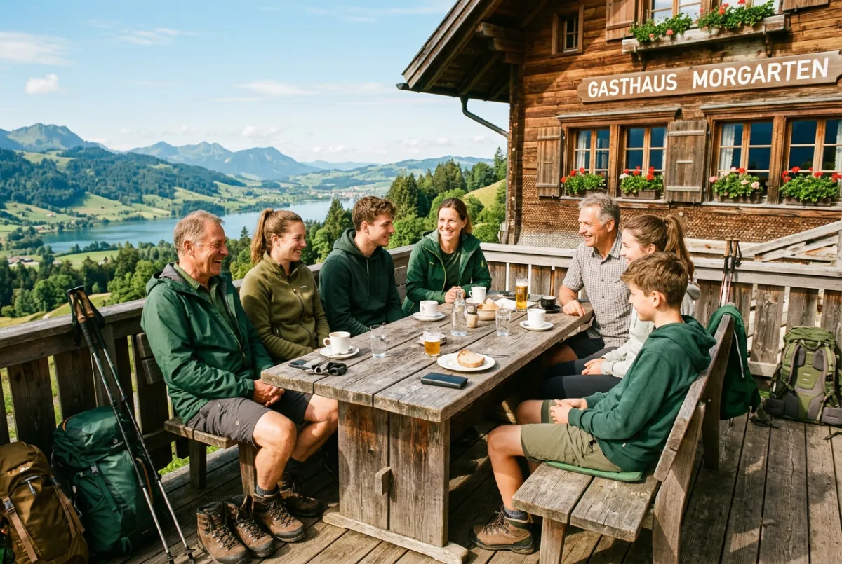 Wandergruppe bei einer wohlverdienten Rast auf der Sonnenterrasse am Morgarten