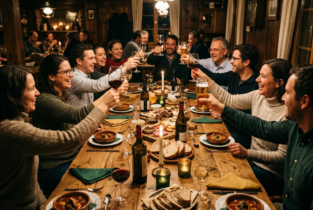 Fröhliche Vereinsrunde an einer langen Holztafel im Restaurant Schornen