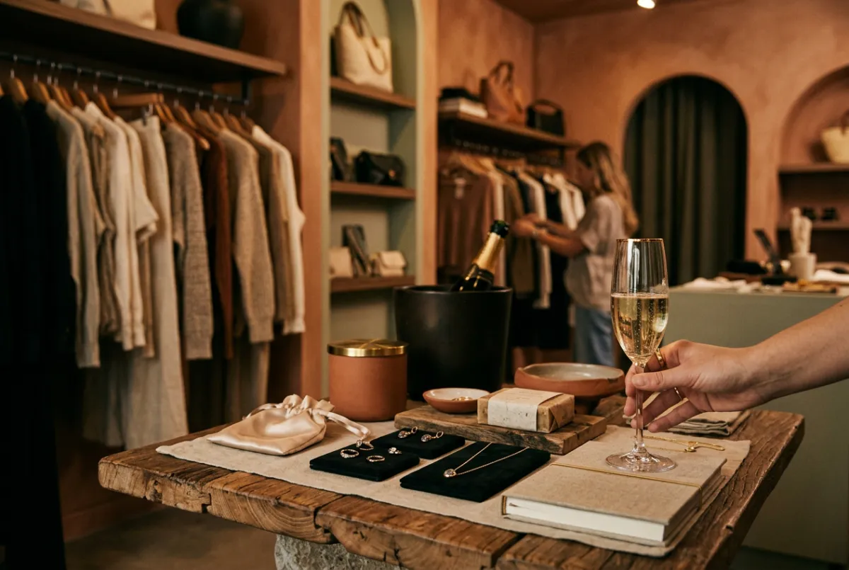 Warm-lit boutique interior setting with artisanal drinks and curated clothing displays