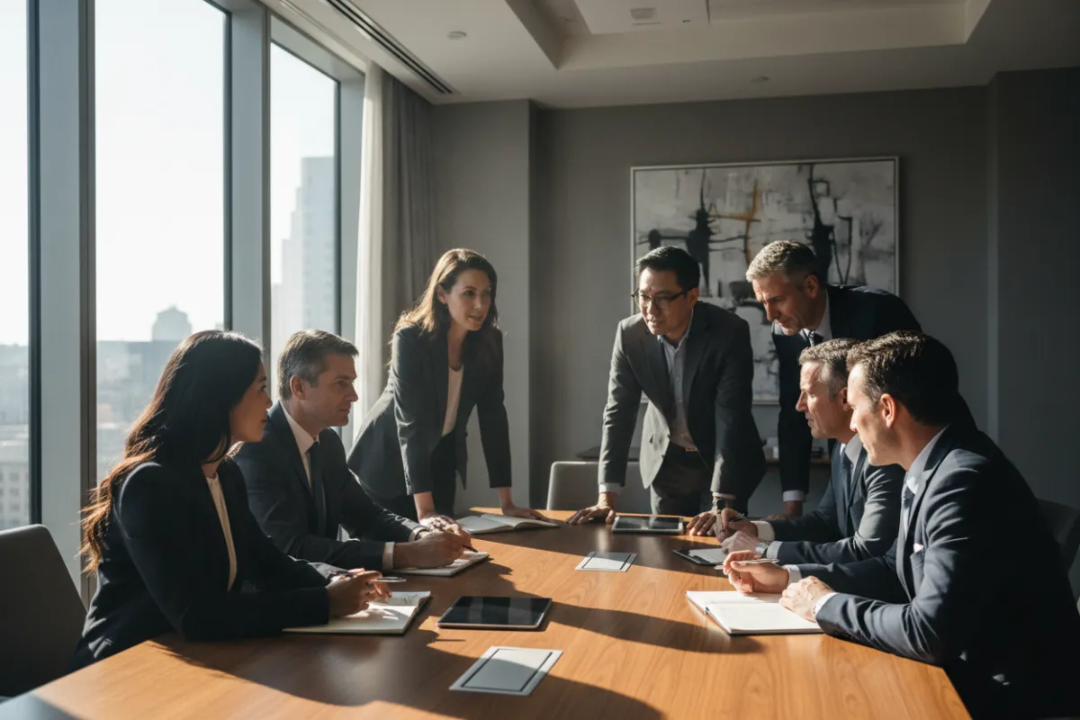 A diverse group of hotel leaders in a modern conference room, engaged in a focused discussion, with notepads and digital tablets on the table, natural daylight streaming in, all appearing attentive and collaborative.