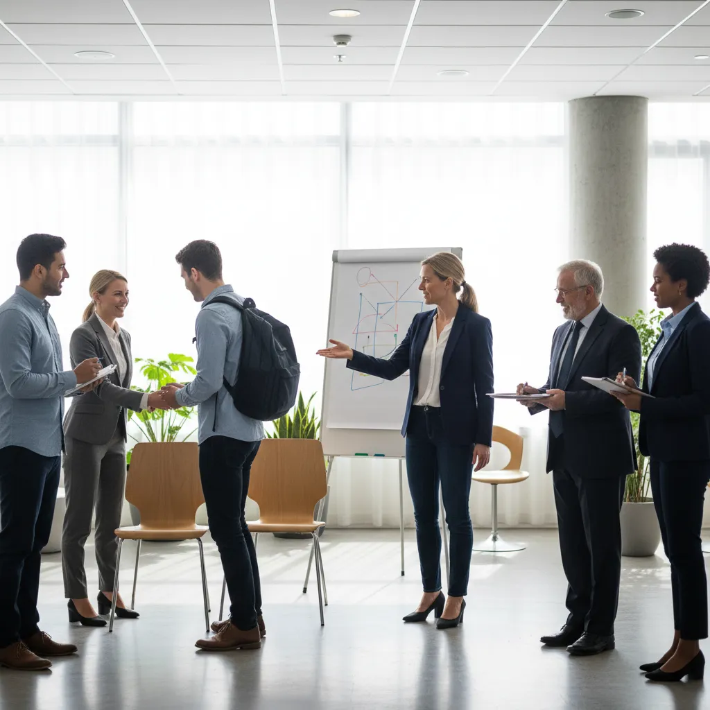 A mid-career hotel manager leading a small group workshop, participants of varied backgrounds actively role-playing guest scenarios, flipchart in background, everyone engaged and learning, modern hospitality setting.