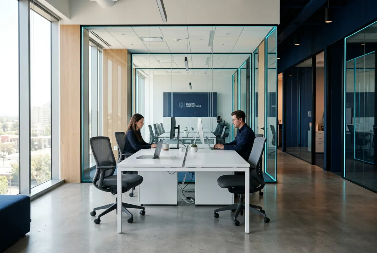 Modern architectural corporate workspace interior with collaborative workstations