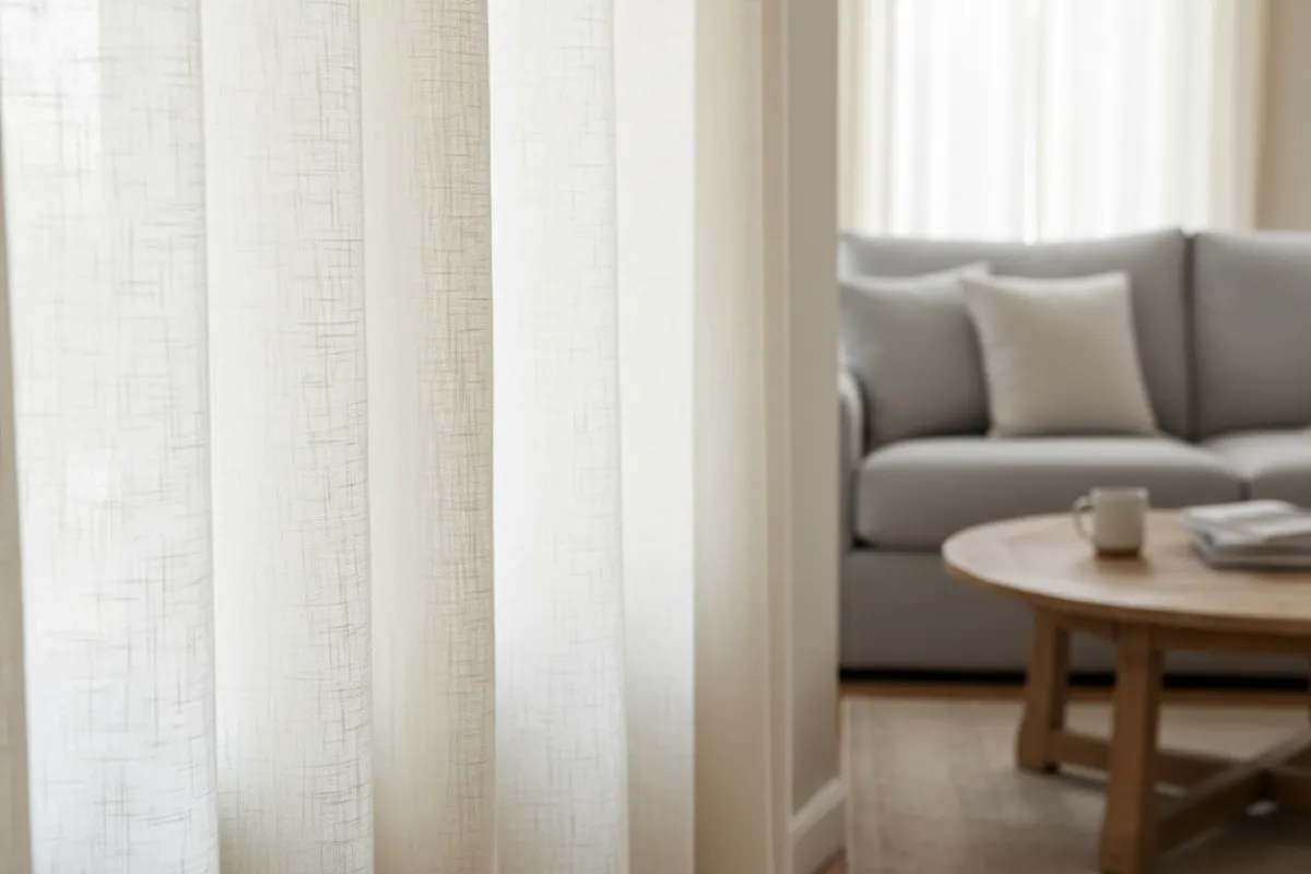 Casual family room with breathable cotton drapes, soft folds and neutral palette.