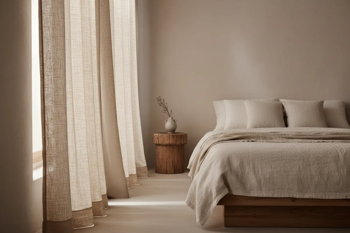 Organic linen panels in a minimalist bedroom with natural creases and warm undertones.