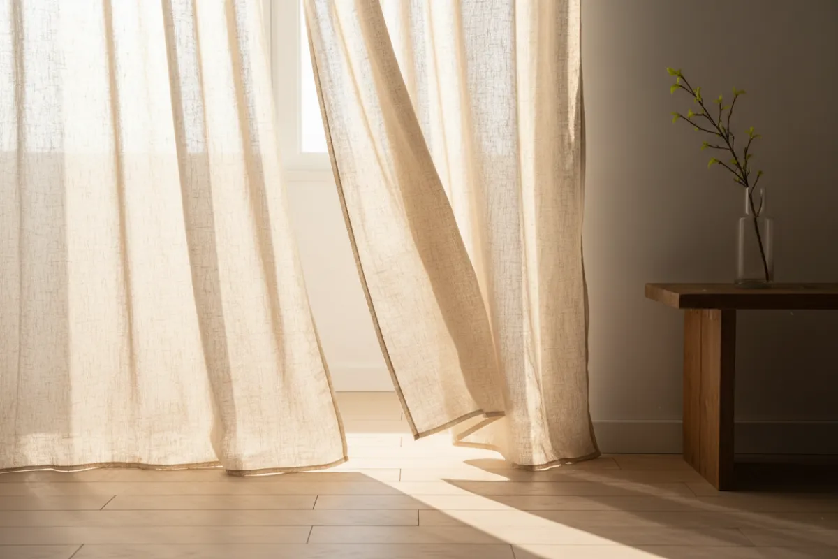 Sunlit window with sheer linen curtains gently blowing, highlighting translucent fabric and subtle weave texture.