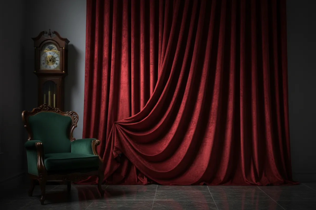 Moody formal room featuring rich velvet curtains with dramatic folds and soft reflected light.