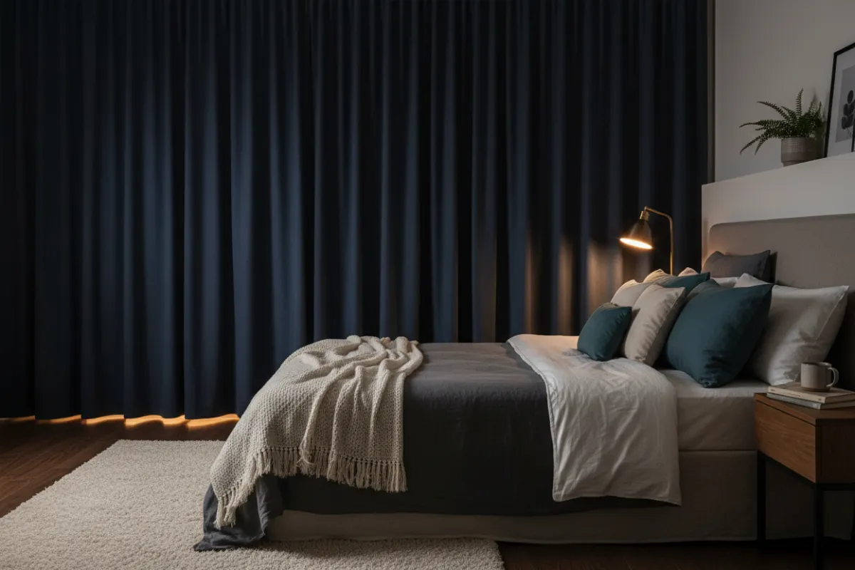 Bedroom with deep-hued blackout curtains closed, warm bedside lamp glow creating a restful, private feel.